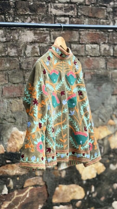 Womens Olive Green Velvet Embroidered Jacket with Floral Design