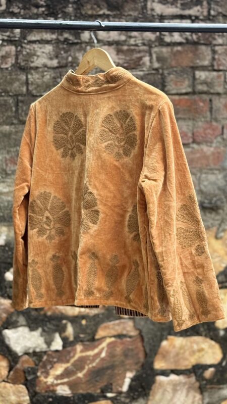 Womens Gold Velvet Embroidered Jacket with Floral Design
